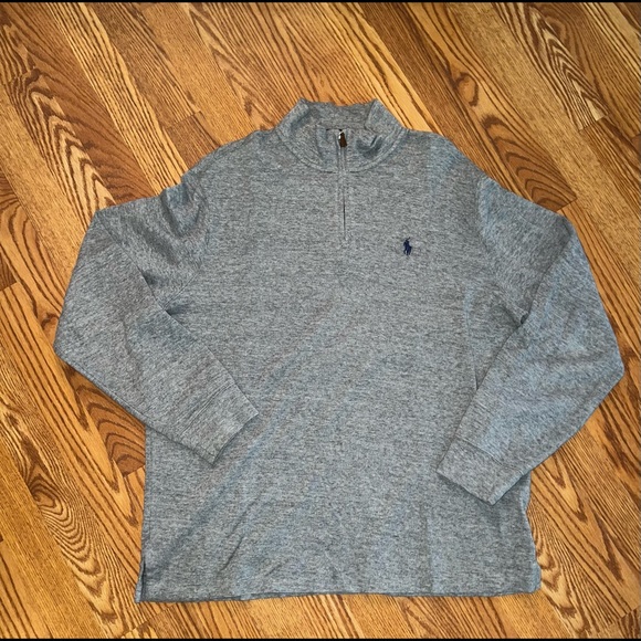 Mens Large Polo quarter zip pullover grey with navy blue logo on chest.